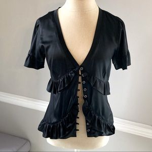 CHALC gorgeous silk blouse with buttons and ruffle details.